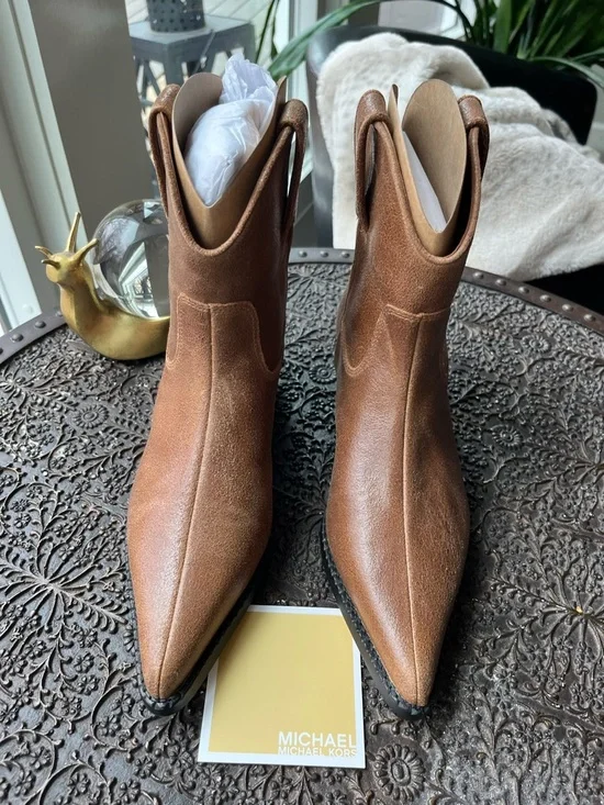 NEW MICHAEL KORS NOEMIE DISTRESSED WESTERN BOOTS IN LUGGAGE 8.5 - Picture 9 of 12